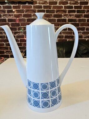Vintage Royal Tuscan "Charade" Fine Bone China Coffee Pot Teapot - Blue Geometry